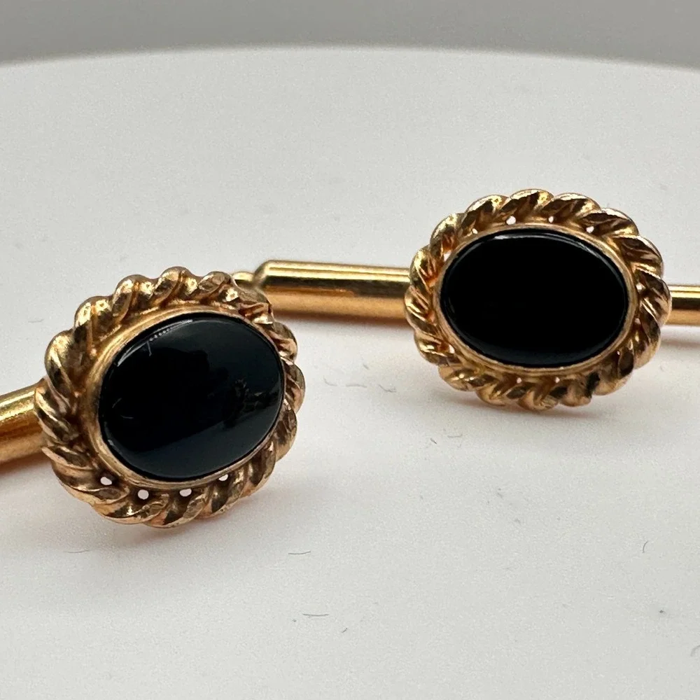 Vintage 90s Gold Tone‎ Twisted Rope Edge Black Onyx Cufflinks Set Jewelry